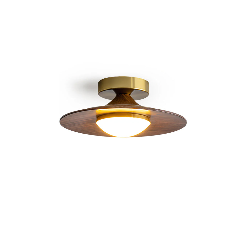 Kompakt LED-loftslampe til planmontering med moderne valnødde- og gulddesign