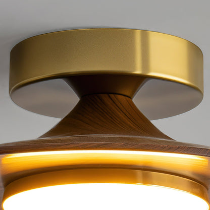 Kompakt LED-loftslampe til planmontering med moderne valnødde- og gulddesign