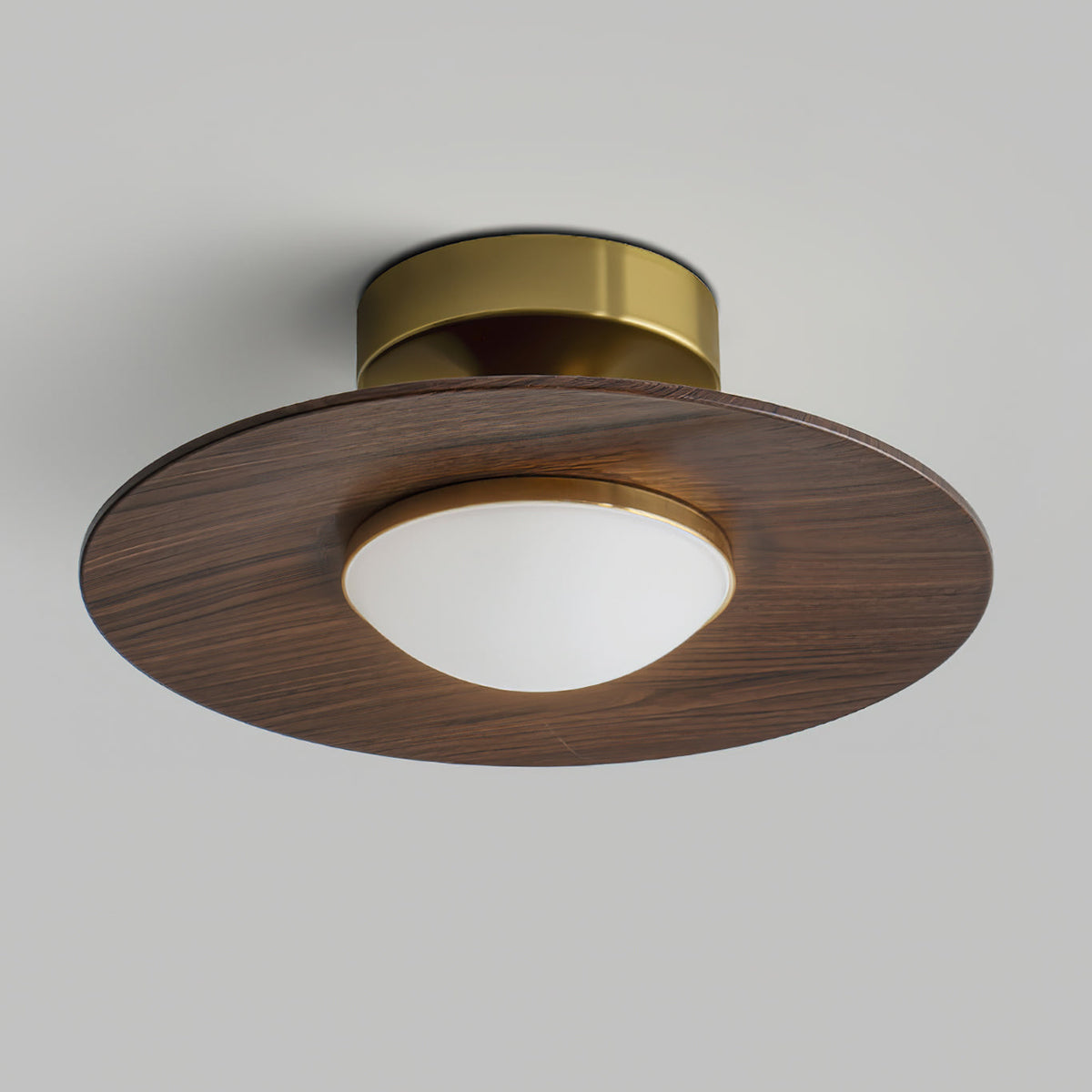 Kompakt LED-loftslampe til planmontering med moderne valnødde- og gulddesign