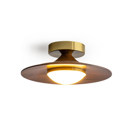 Kompakt LED-loftslampe til planmontering med moderne valnødde- og gulddesign
