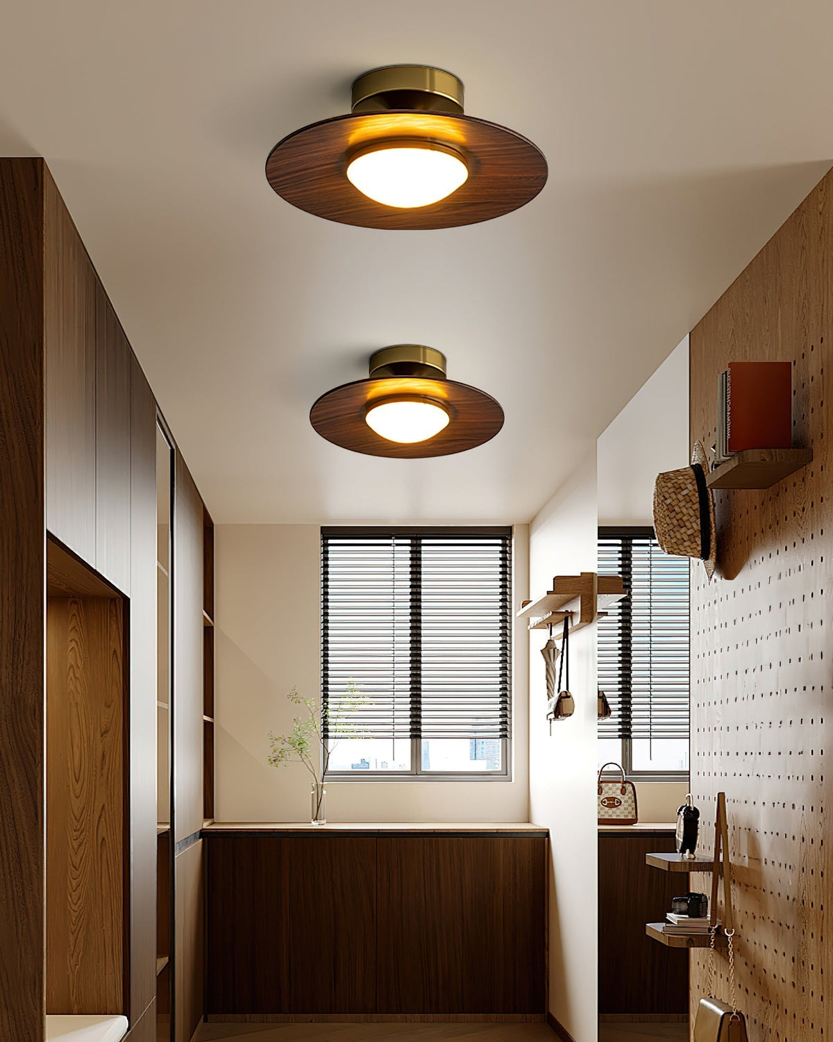 Kompakt LED-loftslampe til planmontering med moderne valnødde- og gulddesign