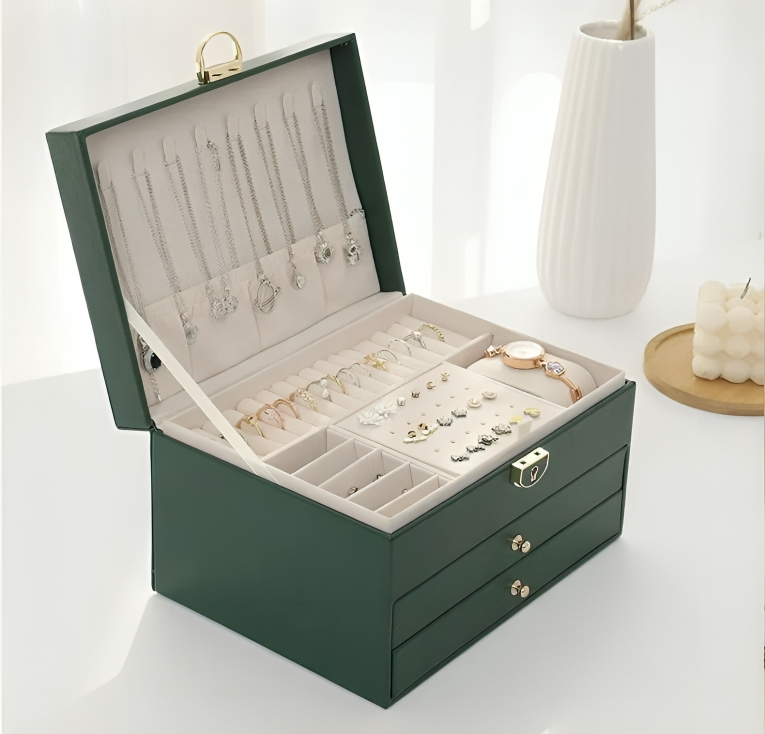 Portagioielli compatto a più livelli con cassetti e organizer per accessori