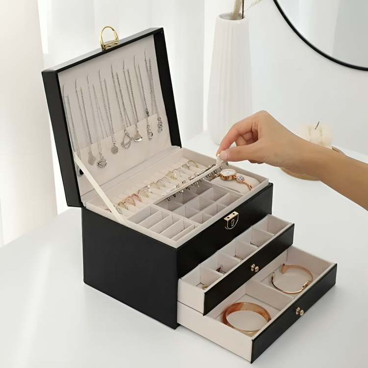 Portagioielli compatto a più livelli con cassetti e organizer per accessori