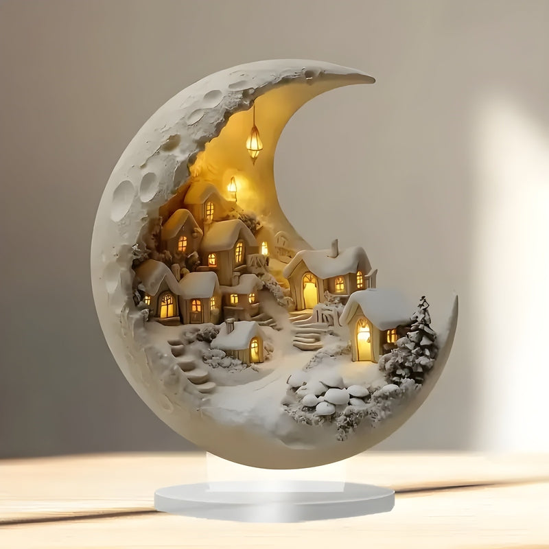 Crescent Moon Village LED Night Light Decorative Moon Lamp with Mini Village Scene