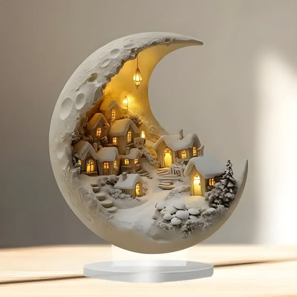 Crescent Moon Village LED Night Light Decorative Moon Lamp with Mini Village Scene