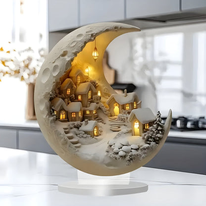 Crescent Moon Village LED Night Light Decorative Moon Lamp with Mini Village Scene