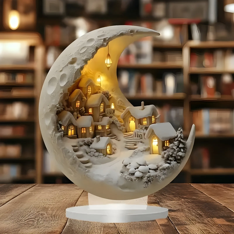 Crescent Moon Village LED Night Light Decorative Moon Lamp with Mini Village Scene