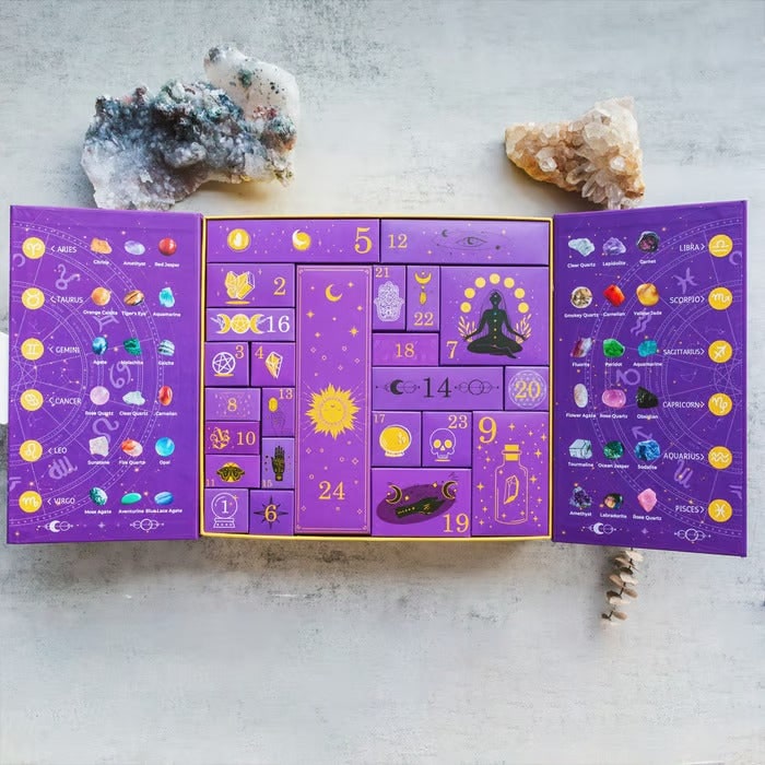 Crystal Advent Calendar with 24 Gemstones and Zodiac Design