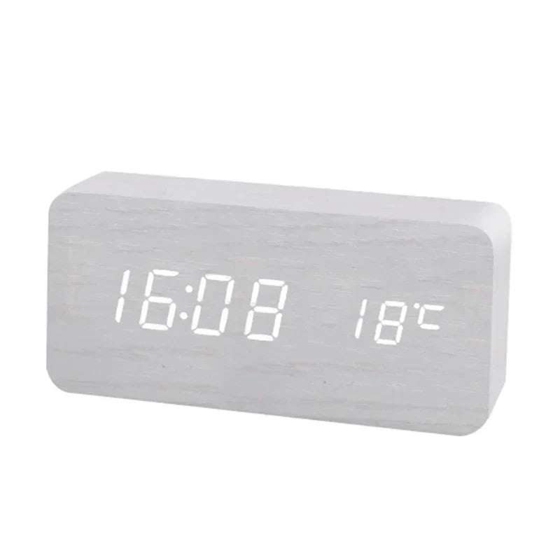 Digital LED Wood Alarm Clock Temperature Display Desk Clock