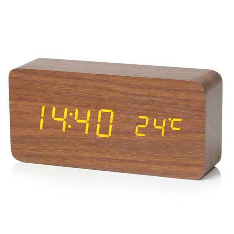 Digital LED Wood Alarm Clock Temperature Display Desk Clock