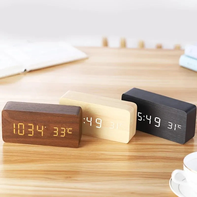 Digital LED Wood Alarm Clock Temperature Display Desk Clock