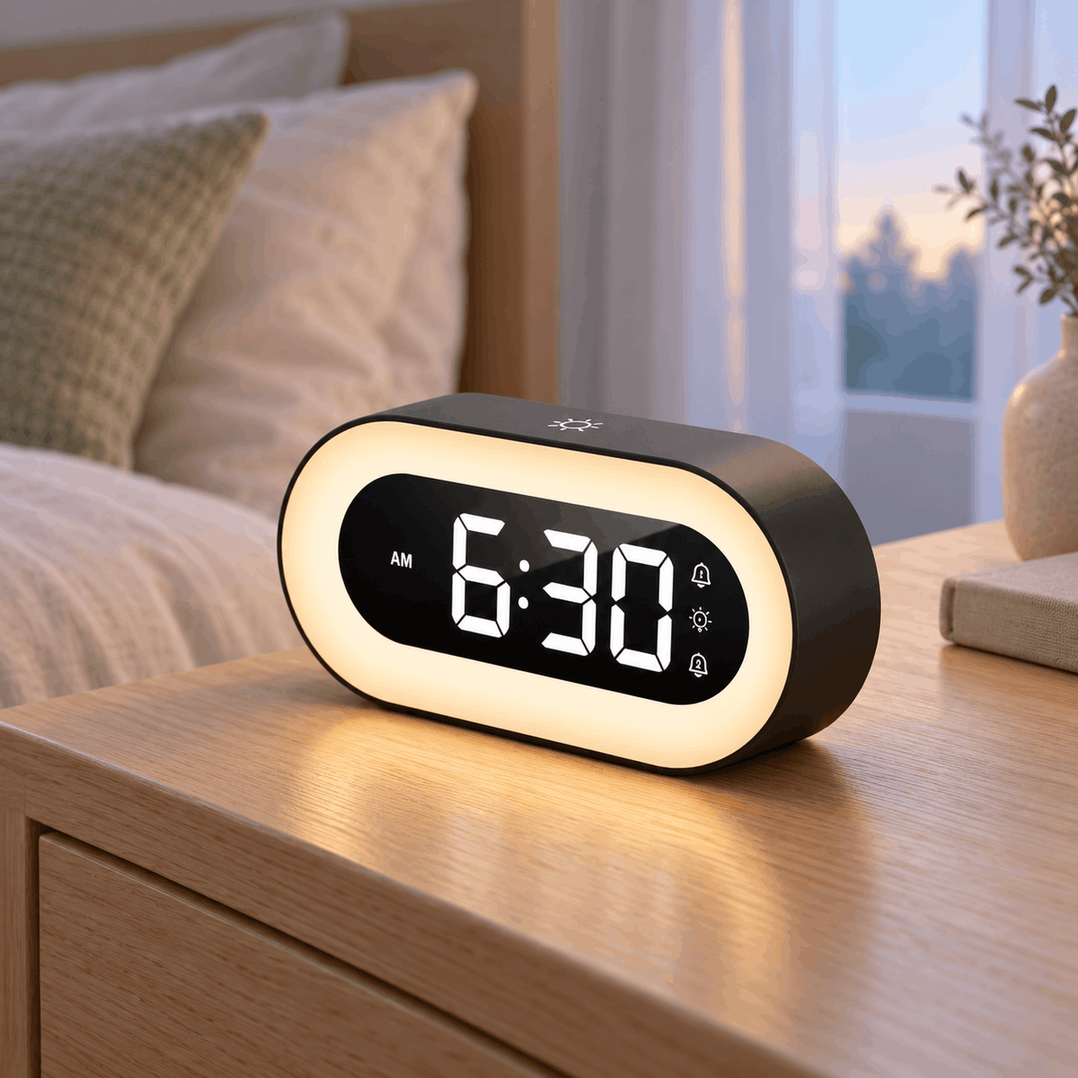 Sveglia digitale con simulazione dell’alba, luce notturna dimmerabile, suoni naturali per il risveglio