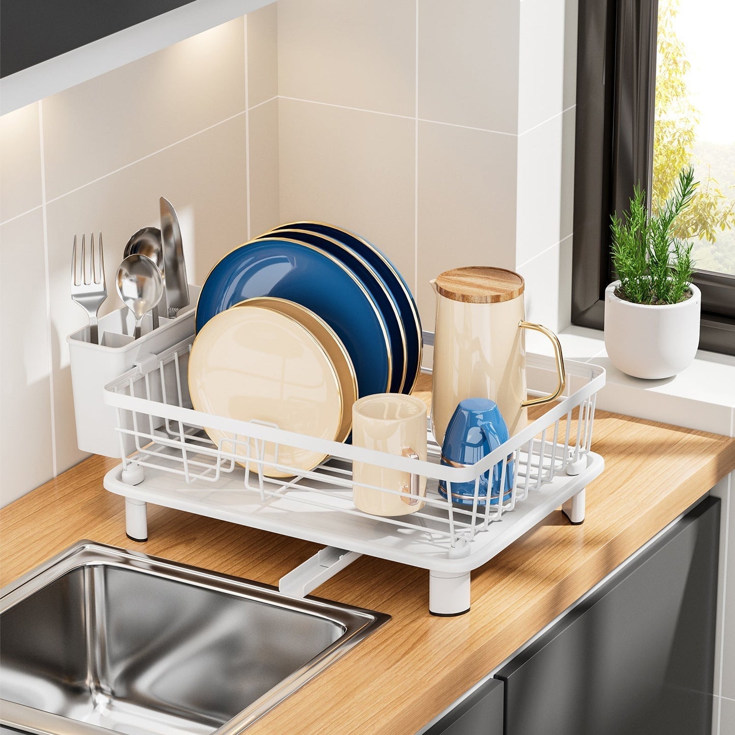 Dish Drying Rack Drainage System Kitchen Countertop Organizer