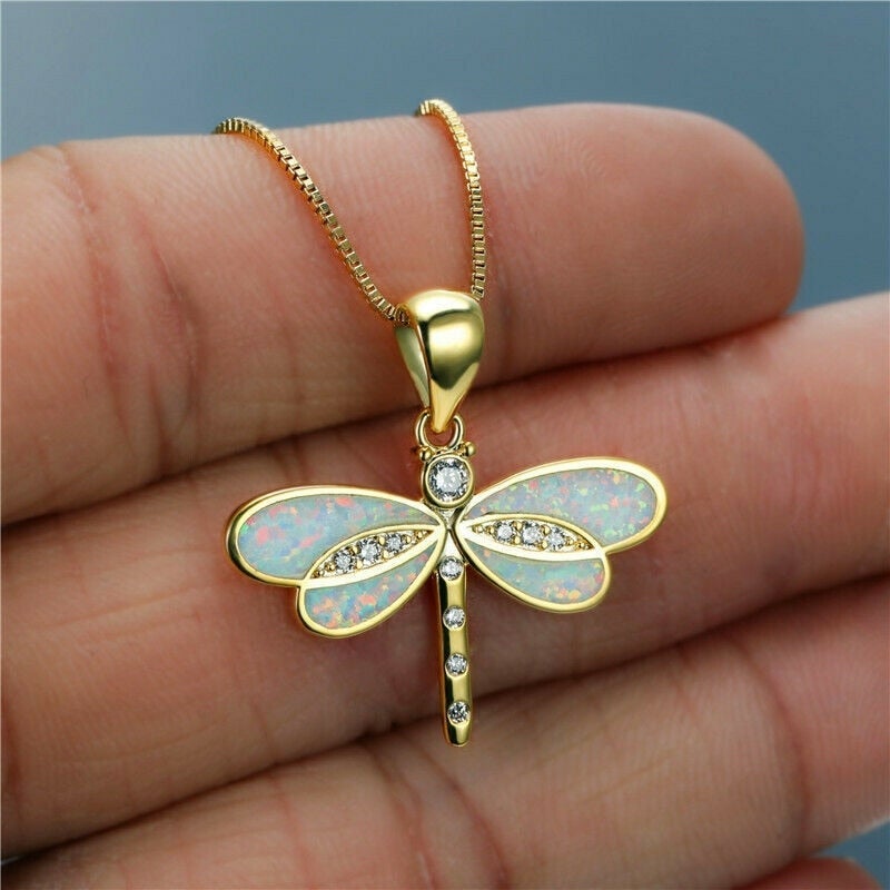 Dragonfly Pendant Necklace Opal Effect Gold Tone Frame