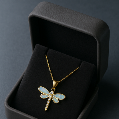 Dragonfly Pendant Necklace Opal Effect Gold Tone Frame
