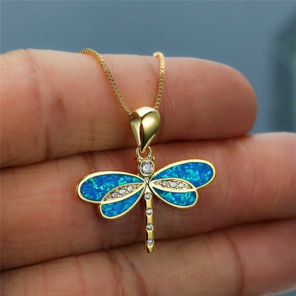 Dragonfly Pendant Necklace Opal Effect Gold Tone Frame