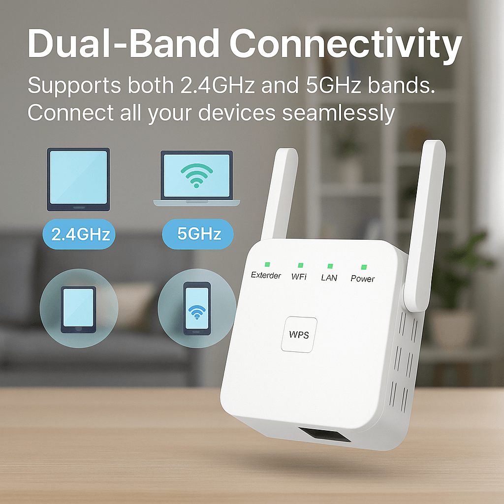 Dualband-WiFi-rækkeviddeforlænger med WPS-opsætning