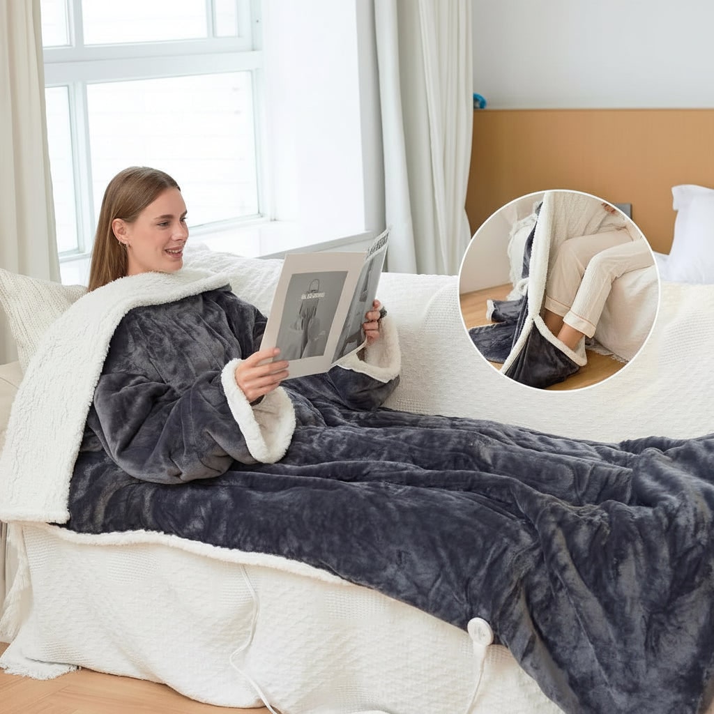 Electric Heated Wearable Blanket with Sleeves Sherpa Fleece Foot Pocket Plush Throw Digital Controller
