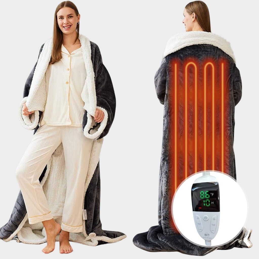 Electric Heated Wearable Blanket with Sleeves Sherpa Fleece Foot Pocket Plush Throw Digital Controller