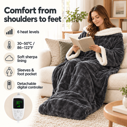 Electric Heated Wearable Blanket with Sleeves Sherpa Fleece Foot Pocket Plush Throw Digital Controller