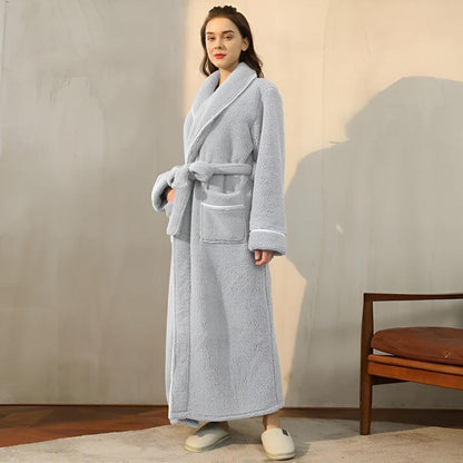 Elegant Coral Fleece Lounge Robe with Shawl Collar Waist Tie