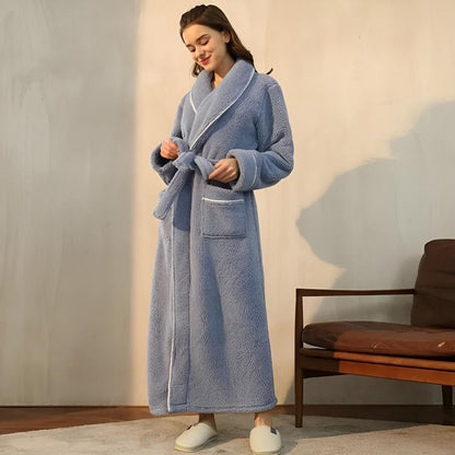 Elegant Coral Fleece Lounge Robe with Shawl Collar Waist Tie
