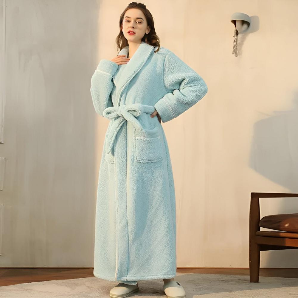 Elegant Coral Fleece Lounge Robe with Shawl Collar Waist Tie