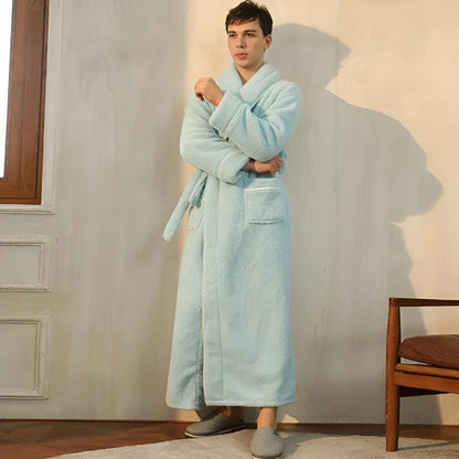 Elegant Coral Fleece Lounge Robe with Shawl Collar Waist Tie