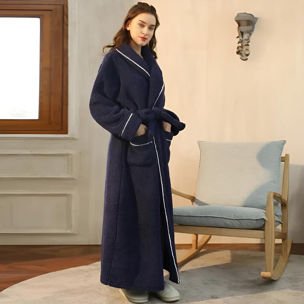 Elegant Coral Fleece Lounge Robe with Shawl Collar Waist Tie