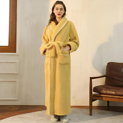 Elegant Coral Fleece Lounge Robe with Shawl Collar Waist Tie