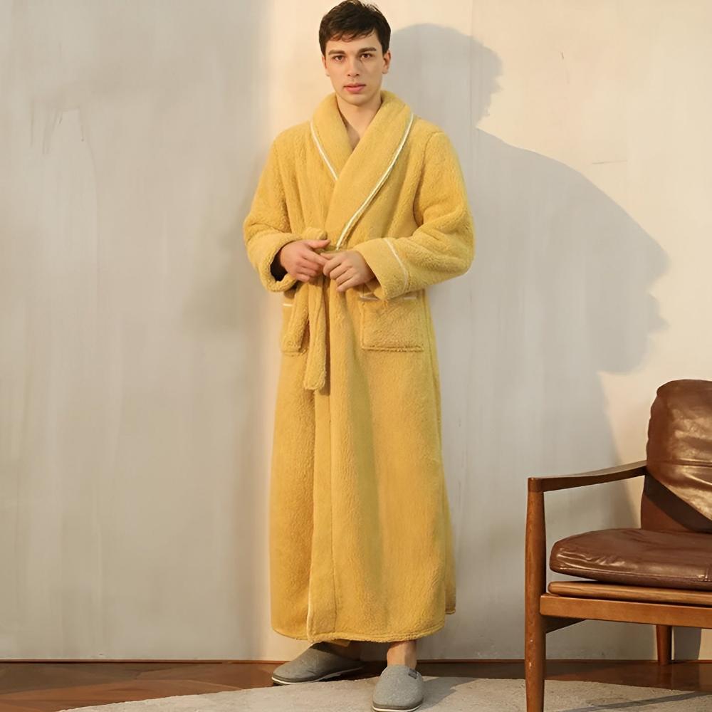 Elegant Coral Fleece Lounge Robe with Shawl Collar Waist Tie
