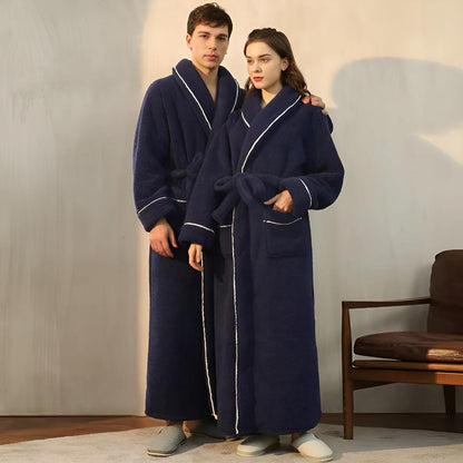 Elegant Coral Fleece Lounge Robe with Shawl Collar Waist Tie