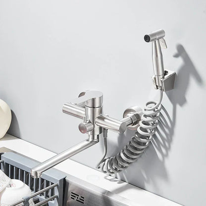 Elegant Dual Hole Wall Mounted Mixer Tap with 360 Degree Swivel Spray