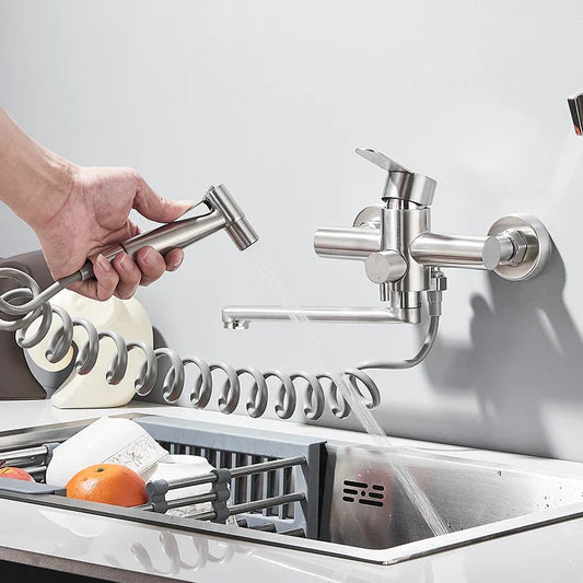 Elegant Dual Hole Wall Mounted Mixer Tap with 360 Degree Swivel Spray