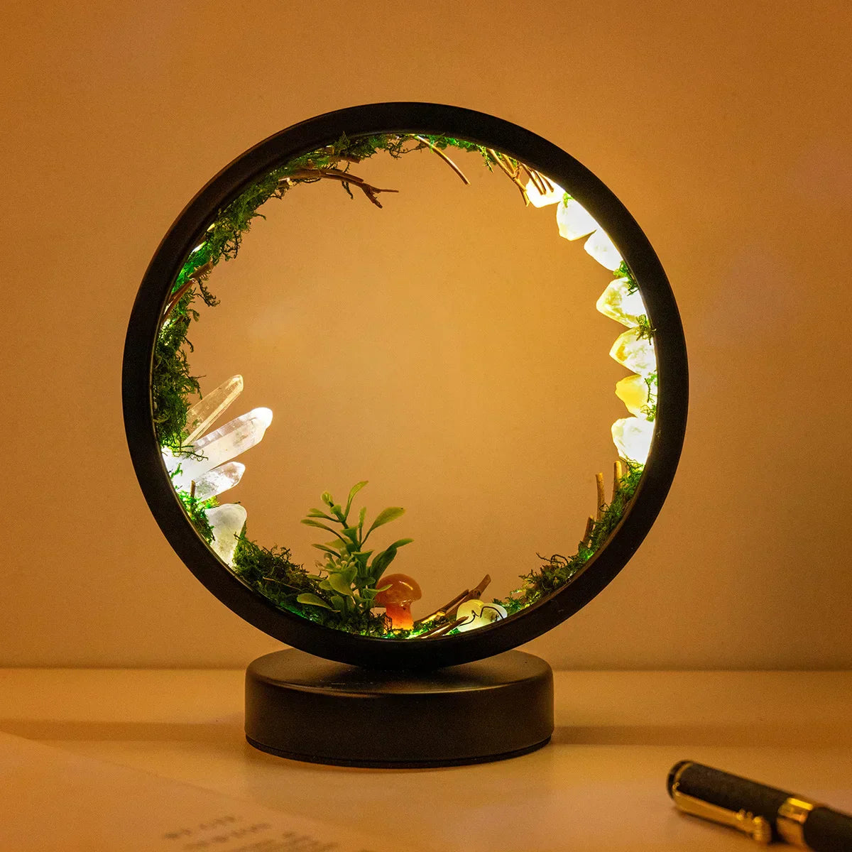 EnchantedRing Elegant Circular Crystal Night Light with Greenery for Home Décor