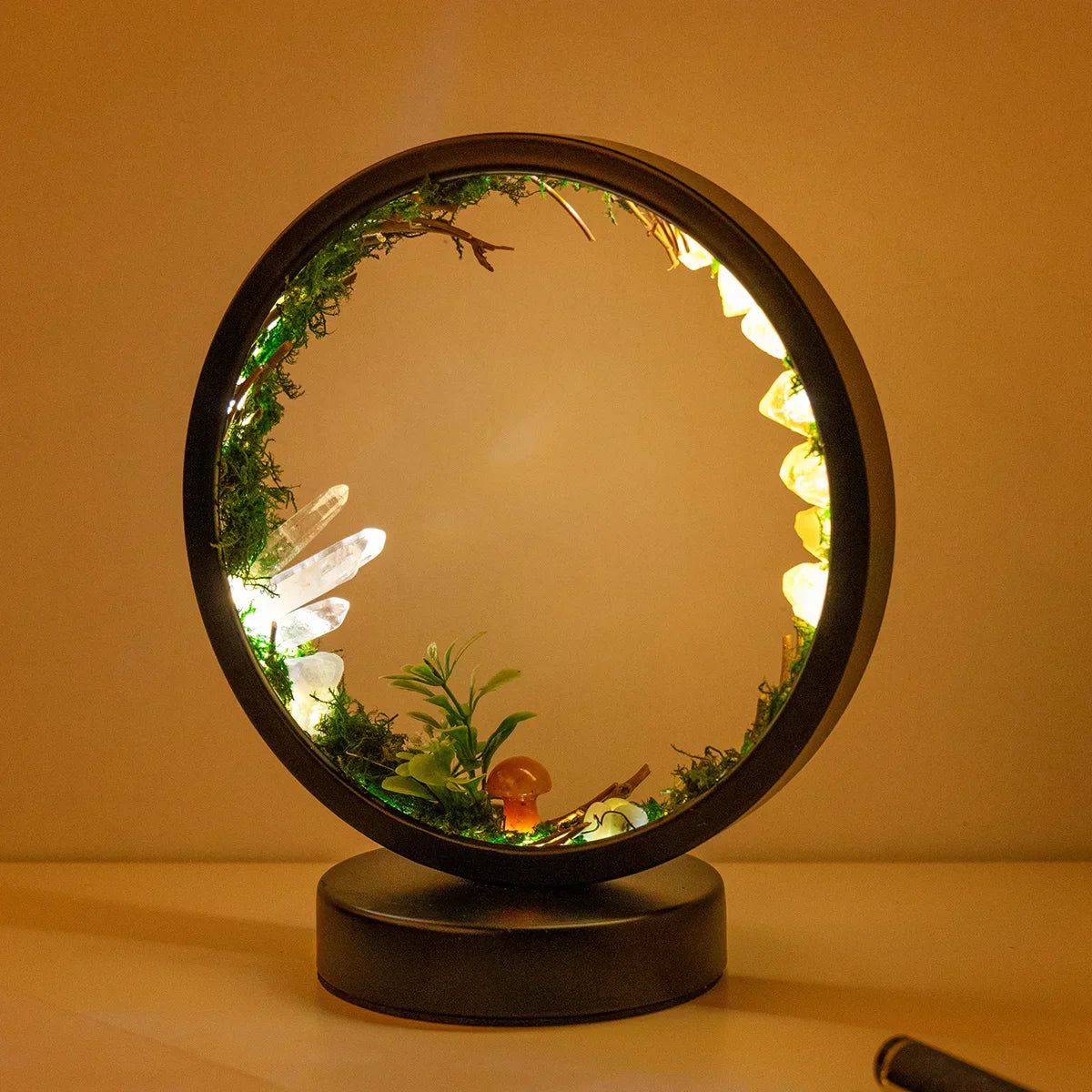 EnchantedRing Elegant Circular Crystal Night Light with Greenery for Home Décor