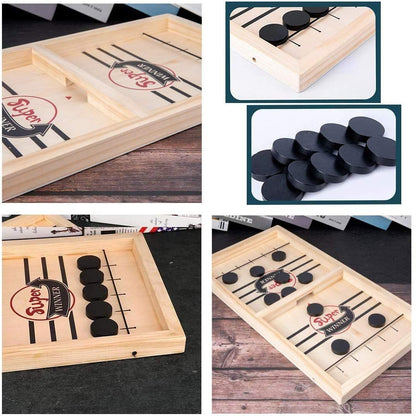 Fast Sling Puck Game Wooden Table Hockey Board Game with Sliding Pucks and Goal Slots