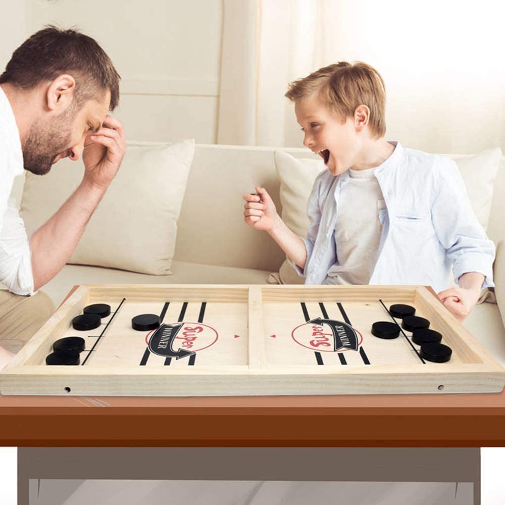 Fast Sling Puck Game Wooden Table Hockey Board Game with Sliding Pucks and Goal Slots