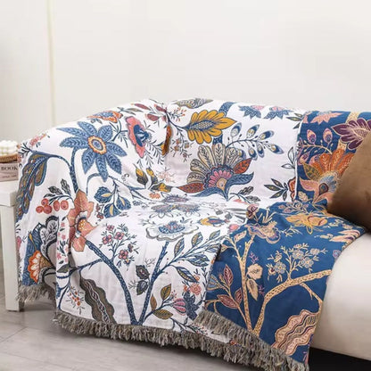 Boho-bomuldstæppe med blomstermotiv og frynsekanter