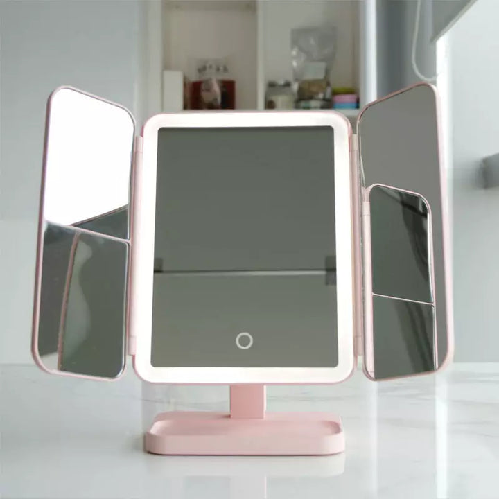 Foldable LED Makeup Mirror with 3 Light Modes and Magnifying Panels