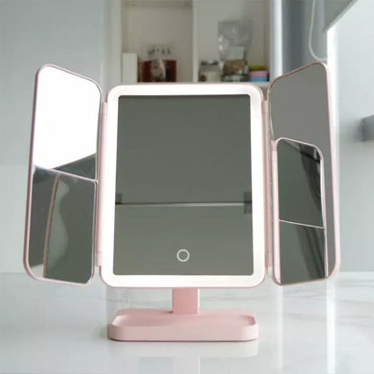 Foldable LED Makeup Mirror with 3 Light Modes and Magnifying Panels