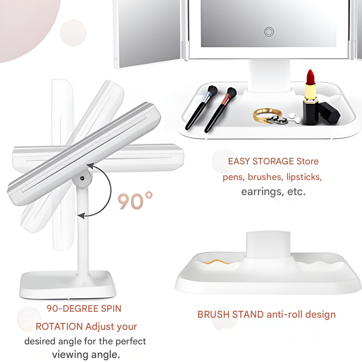 Foldable LED Makeup Mirror with 3 Light Modes and Magnifying Panels