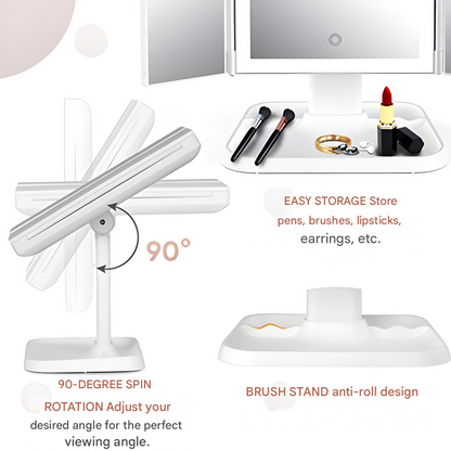 Foldable LED Makeup Mirror with 3 Light Modes and Magnifying Panels