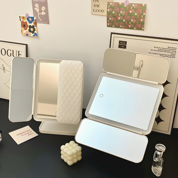 Foldable LED Makeup Mirror with 3 Light Modes and Magnifying Panels