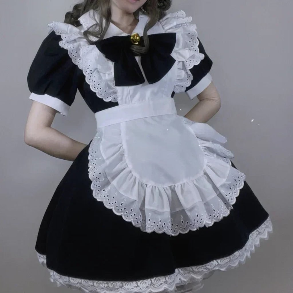 French Maid Costume Dress with Ruffled Apron for Cosplay
