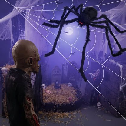 Ragno gigante di Halloween snodabile con occhi rossi e ragnatela elastica
