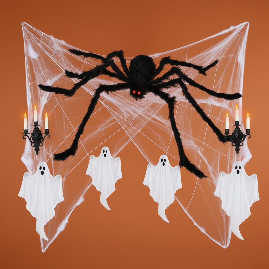 Ragno gigante di Halloween snodabile con occhi rossi e ragnatela elastica