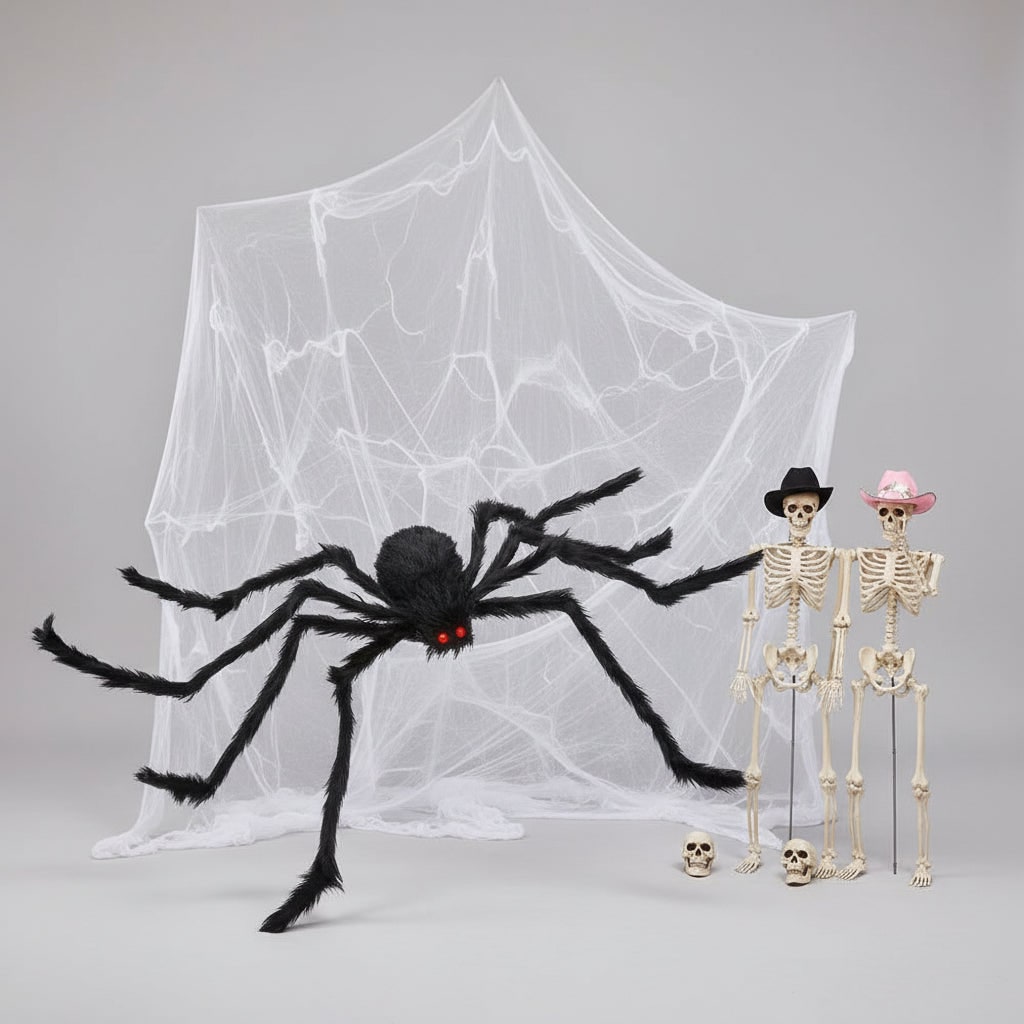 Ragno gigante di Halloween snodabile con occhi rossi e ragnatela elastica