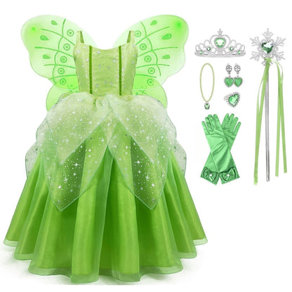 Girls Fairy Princess Halloween Costume Dress Wings Tiara Set
