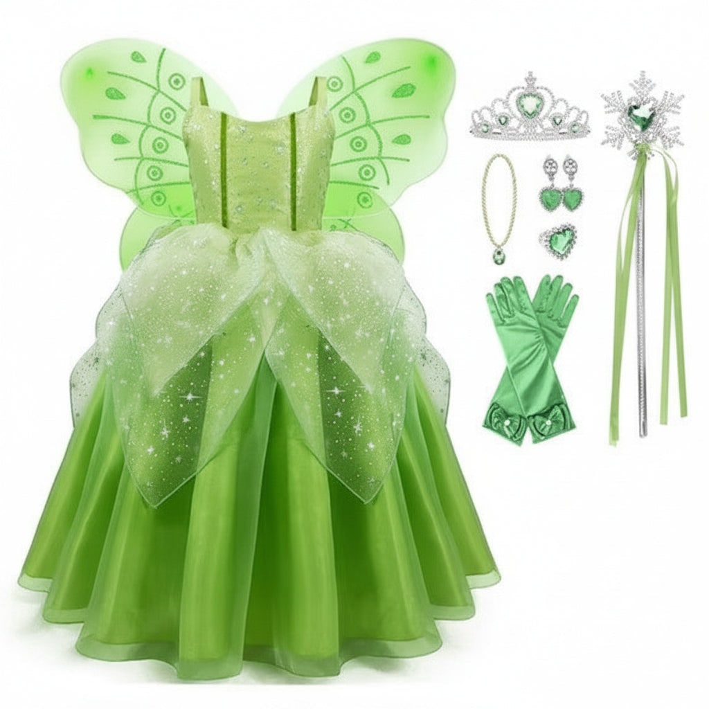Girls Fairy Princess Halloween Costume Dress Wings Tiara Set